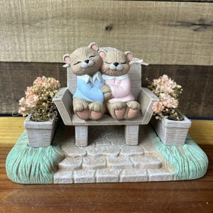 Vintage Ceramic Bear Couple On Bench Handpainted