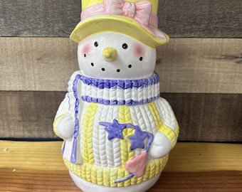 Ceramic Snowman With Yellow Hat And Sweater Cookie Jar