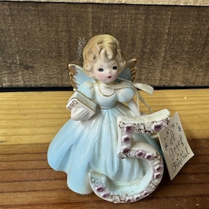 Josef Originals Geburtstagskind Engel Figur Alter 5 Schwarze Augen 1960s Vintage