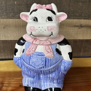 Ceramic Painted 2 Piece Cookie Jar Container Girl Cow in Overalls 10.5”