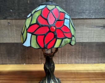 Poinsettia Stained Glass Tiffany Style Table Lamp 11”