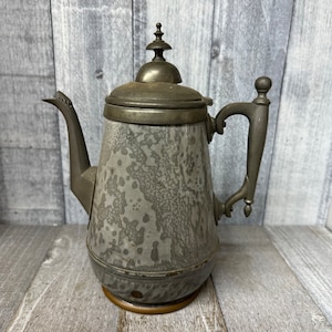 Vintage enamelware pitcher pewter handle- lid has flaws