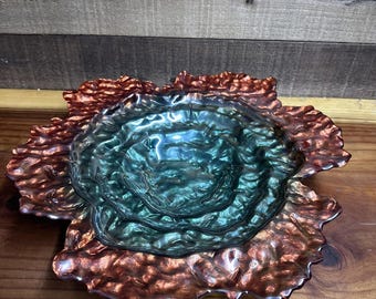Bol de cristalería Arda azul y marrón, vidrio artístico hecho a mano con coloración iridiscente de 40,6 cm (16 pulgadas)