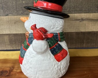 Vintage Ceramic Snowman Cookie Jar Cardinal and Broom - Etsy