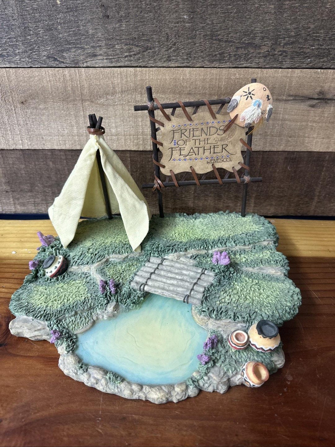 1994 Enesco Friends of the Feather Karen Hahn Village Teepee Pond