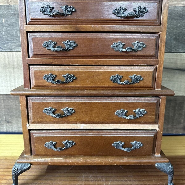 Vintage Wood 5 Drawer Jewelry Box Claw Feet Yellow Velvet Lined