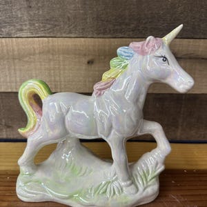 Unicorn statue white iridescent glaze rainbow hair tail decor sculpture 8x9