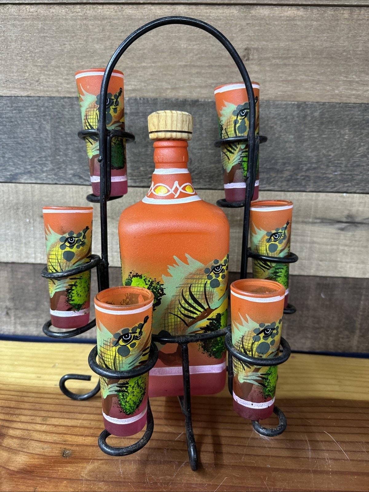 Orange Painted Mexican Decanter Shot/tequila Set W/6 Shot Glasses