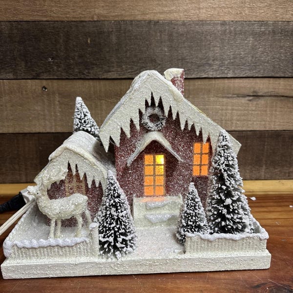 Bethany Lowe Large Putz Style Christmas House 11" x 8.25" x 8.5" W/ Light-flaw