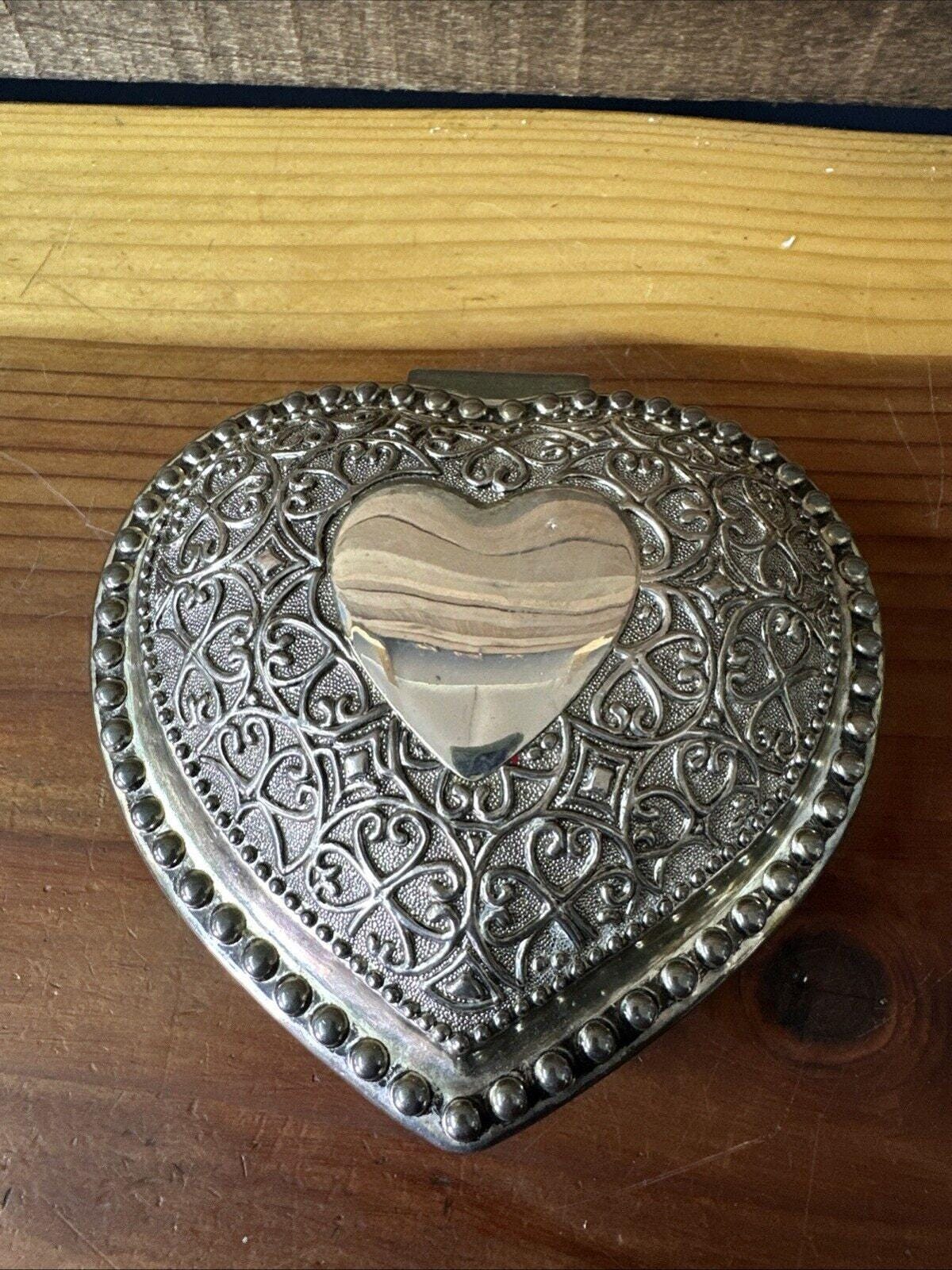 Vintage Godinger Jewelry Trinket Box Etched Heart Silver Plated