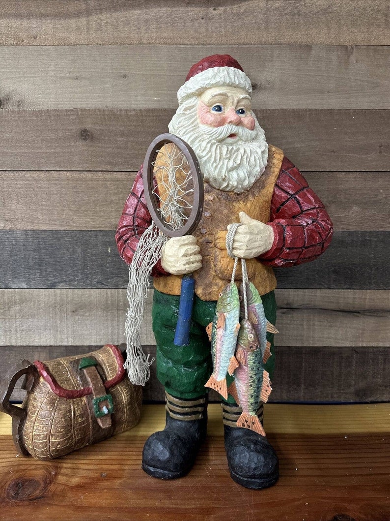 Grandeur Noel Collector’s Edition Fisherman Santa Set Fish Net Basket 21.5” Tall image 1