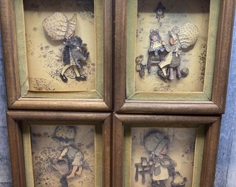 4 Vintage Holly Hobbie 3D Shadow Box Wood Framed Picture Art Layered Paper 6”x5”