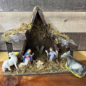 In Orig. Box Vintage Nativity Set Wooden Creche Manger Made In Italy 7 pieces