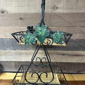 Metal And Wicker Two Tier Basket Stand Leaves Design 21” Tall