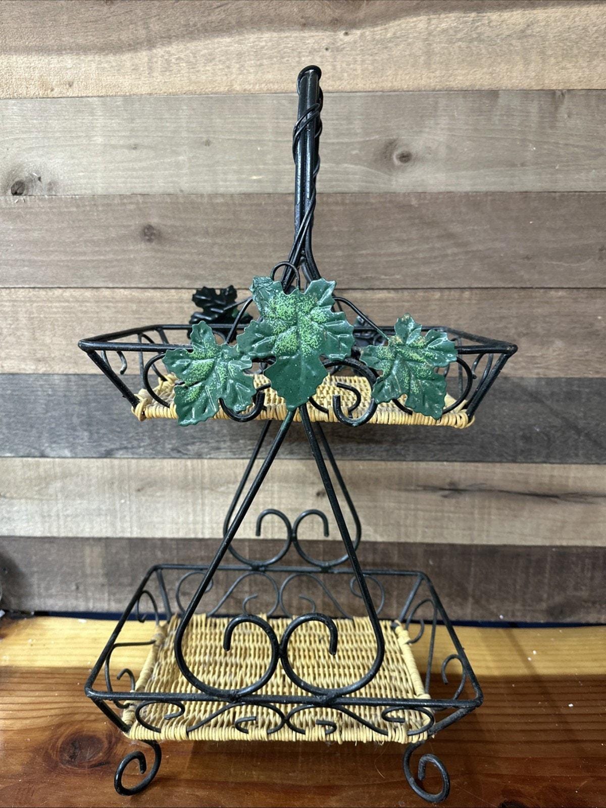 Metal And Wicker Two Tier Basket Stand Leaves Design 21” Tall
