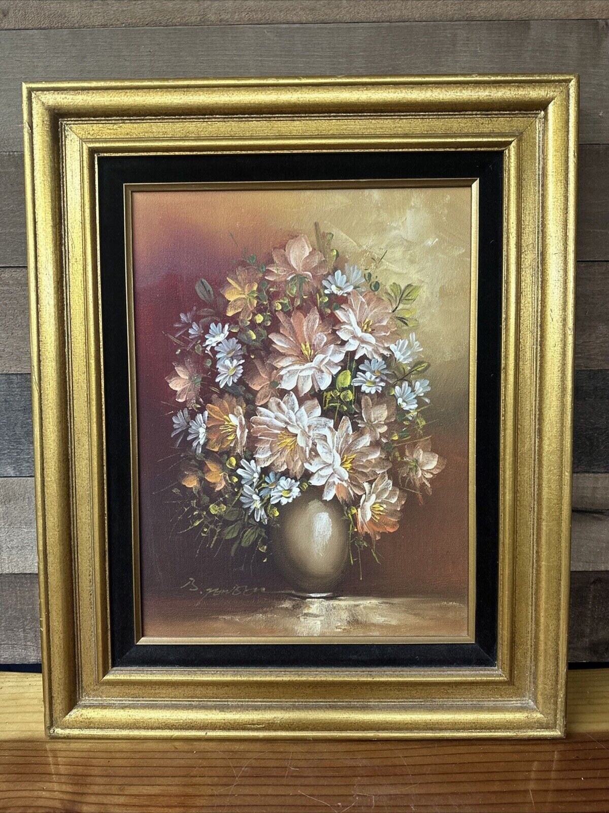 油彩画 花瓶の花 静物画 額装油絵 静物画 サイン入り インテリアアート ヴィンテージ額入り油絵、花瓶の中の花の静物画、アーティストのサイン