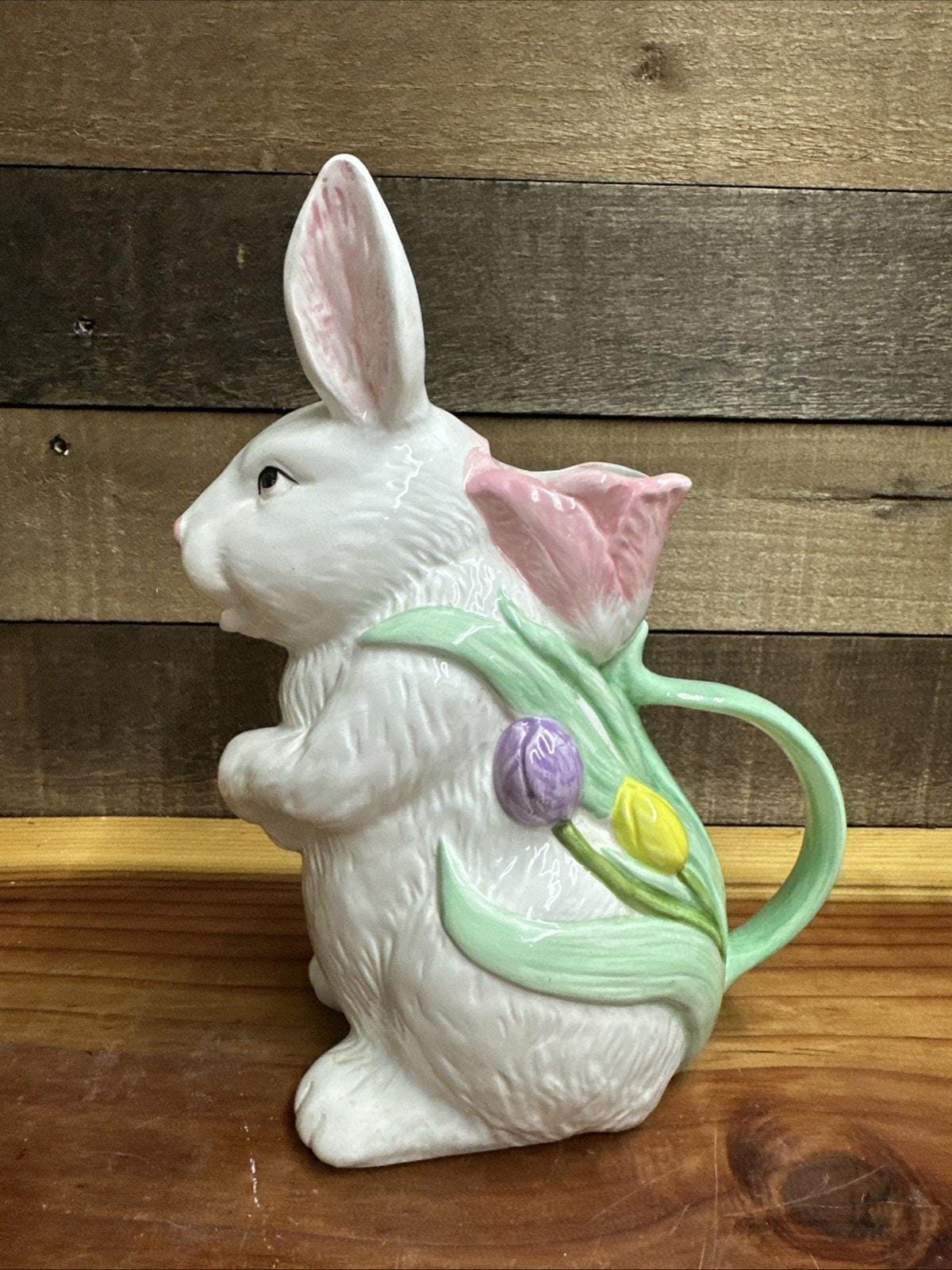 Easter Bunny Rabbit Spring Floral Ceramic Pitcher Pours Through
