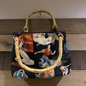 Handmade Bowling Print Purse With Wood Handles