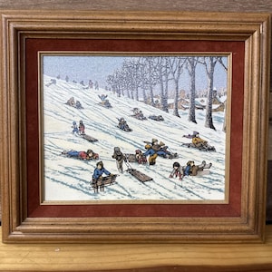 Pintura a óleo de H. Hargrove, Sledding Hill, assinada, original, 1984, 14x12, emoldurada