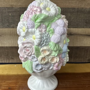 Holland Mold 2 Pc Pastel Flower Vase Bouquet Topiary Ceramic Vintage 14”