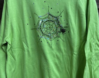Quacker Factory Halloween Lime Green Embellished Spider Web Tunic Sweater 1X