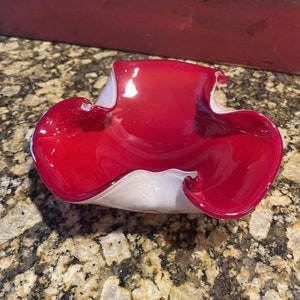 Murano Fenton style red white art glass  bowl