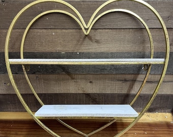 Decorative Rustic White Gold Metal Heart Shaped Wooden Wall Shelf 2 Tier