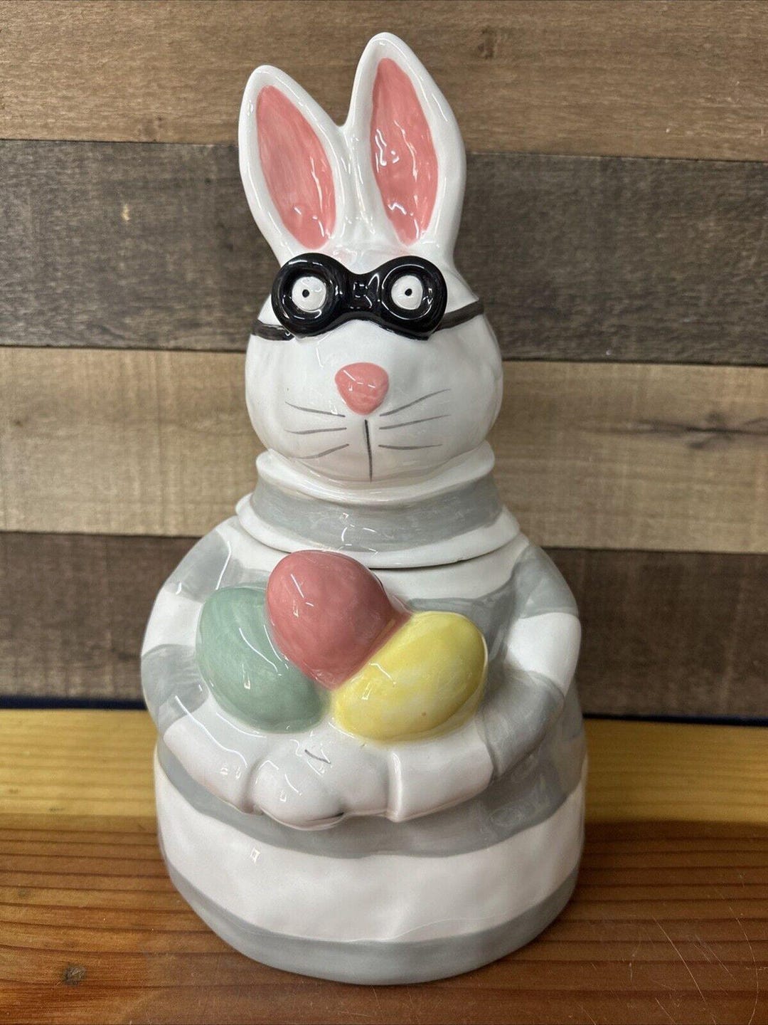 Spring Bunny Rabbit in Glasses Easter Ceramic Cookie Jar Blue Sky ...