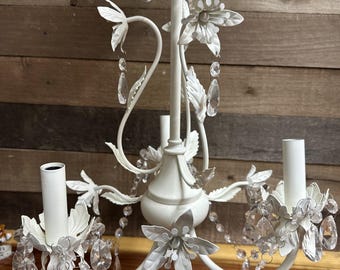 Vintage Chandelier 3-Arm White Metal Tole Flowers Cottagecore Prism Drops Swag