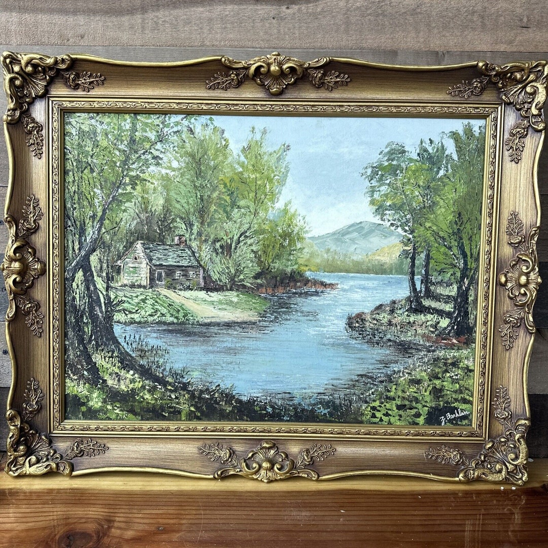 Vintage Landscape Oil Painting Cabin Lake Forest Signed Framed Fine ...