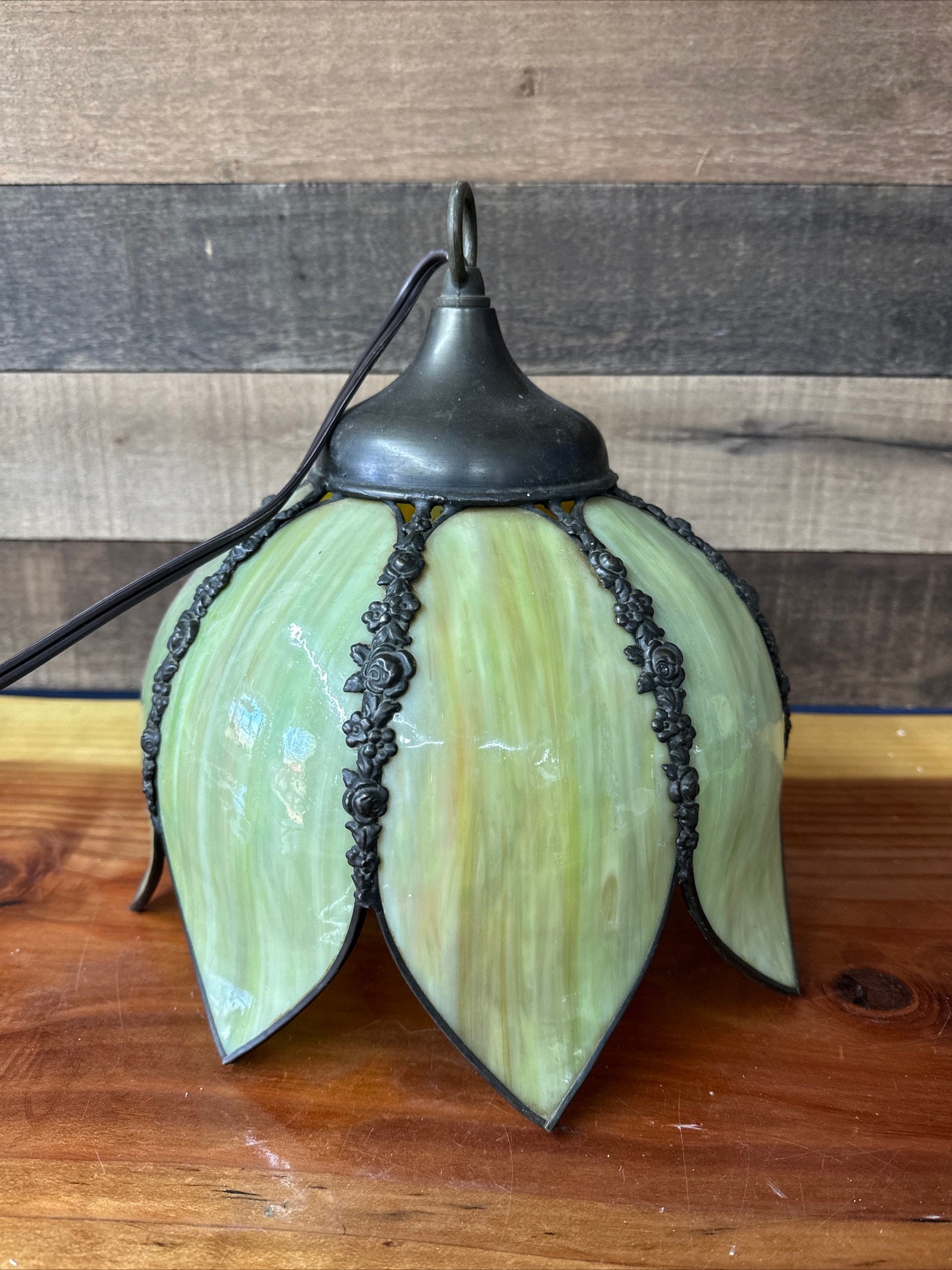Vintage Curved Green Slag Glass Hanging Light Australia