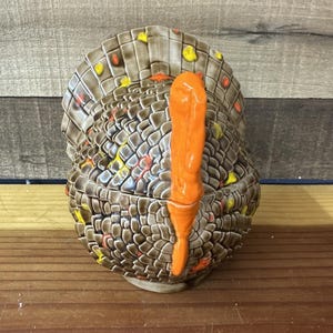 Pote de doces de cerâmica VTG para peru de Ação de Graças, decoração marrom com laranja e amarelo