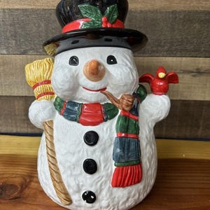 Vintage Keramik Schneemann Keksdose Kardinal und Besen
