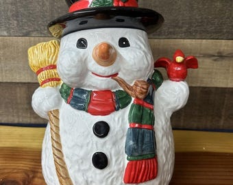 Vintage Ceramic Snowman Cookie Jar Cardinal and Broom - Etsy
