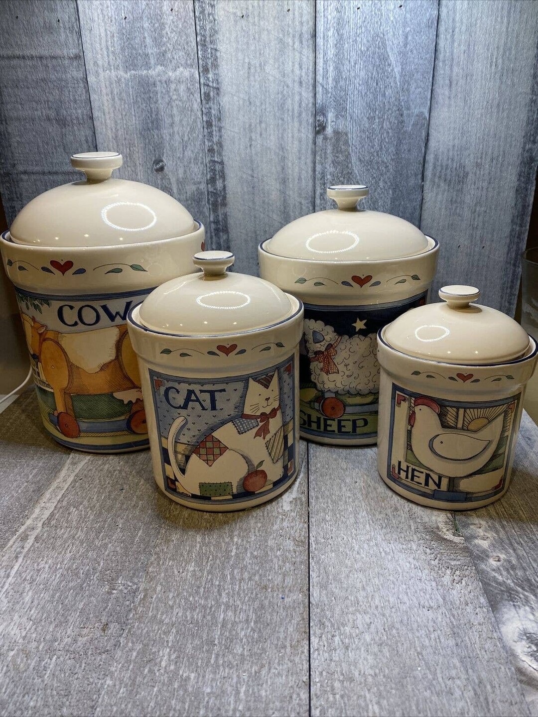 4pc Susan Winget Farm Animals Canisters With Lids Cow Sheep Cat Hen Etsy