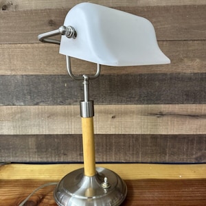 Rare Teak Wood Base And White Frosted Glass Bankers Lamp 17”