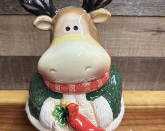 Tarro para galletas con forma de alce y reno navideño con cardenal