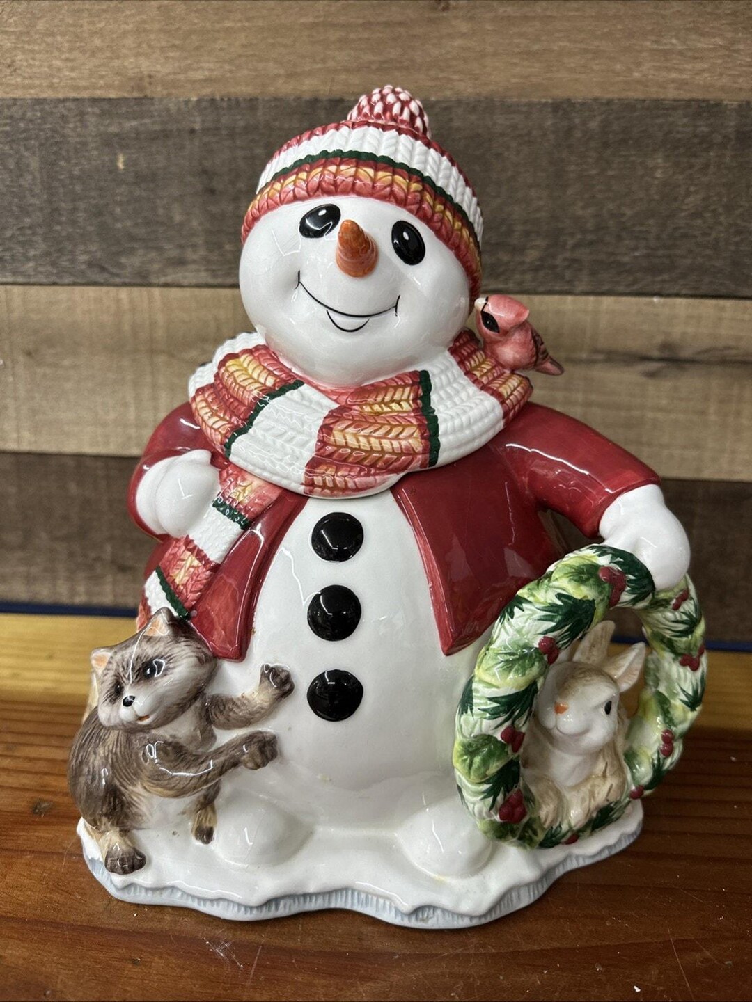 2003 Fitz and Floyd Woodland Snowman Cookie Jar Original Box