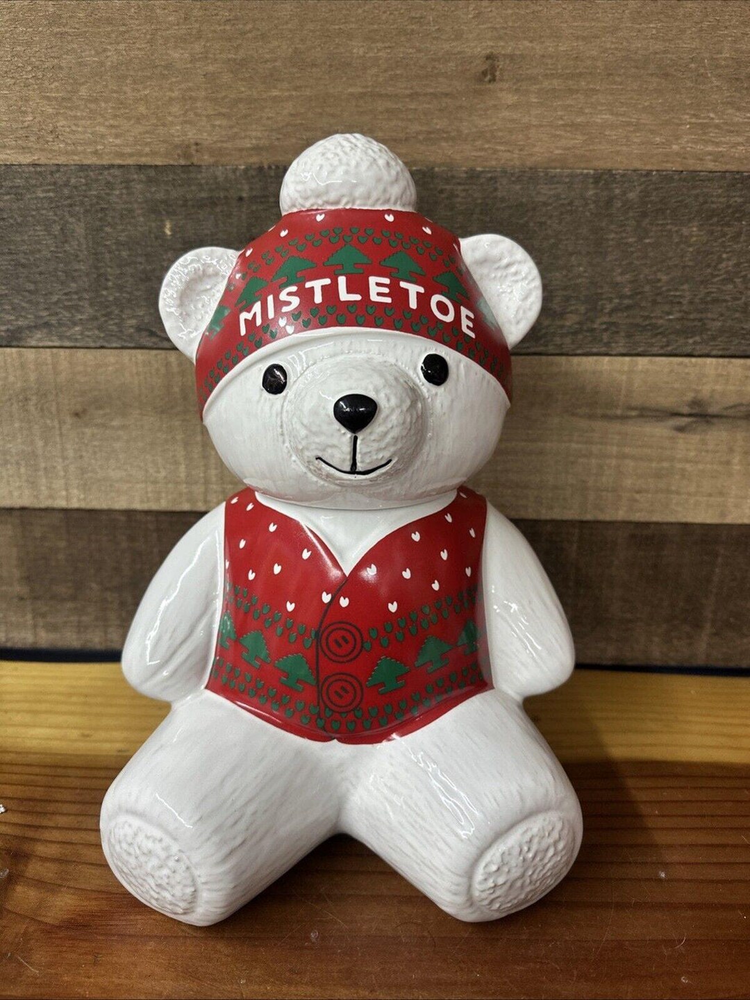 Marshall Fields Christmas Mistletoe Bear Cookie Jar Vintage Rare