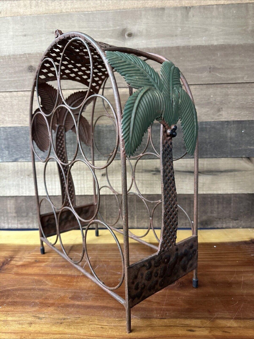 Palm Tree Wine Rack 10 Bottle Antique Finish Metal Carry Handle 17