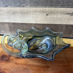 Vintage Hand Blown Swirl Art Glass Dish Bowl Blue Multicolored 12” Long
