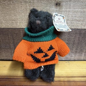 Puede incluir: Un oso de peluche marrón oscuro que lleva un suéter de punto naranja con un diseño de cara de calabaza negra y un cuello alto verde. Una etiqueta de papel blanca unida a la oreja del oso dice The Boo Crew Bears Friends You'll Love Forever.