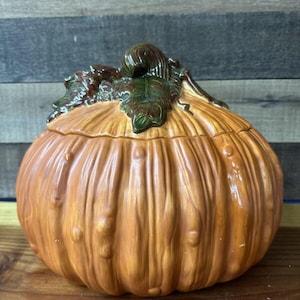 Vintage Large Handpainted Ceramic Autumn Pumpkin Cookie Jar 13” Long