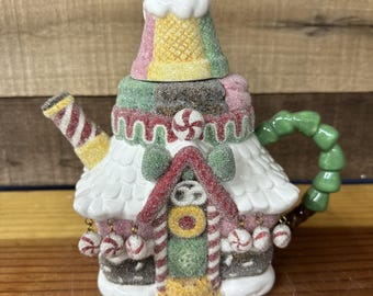 Rare dept 56 gingerbread house teapot frosted In Box