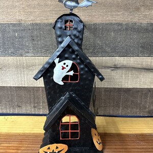 Halloween Haunted House Tea Light Candle Holder 14” Tall Metal Art Ghost Pumpkin