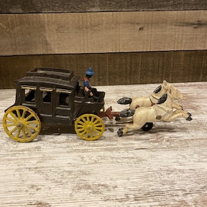 Vintage Cast Iron Horse Drawn Stage Coach Horse & Buggy with Driver 12” Long