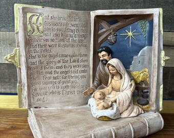 Vintage Holy Family Nativity Set in Open Bible Painted Ceramic 12” Long