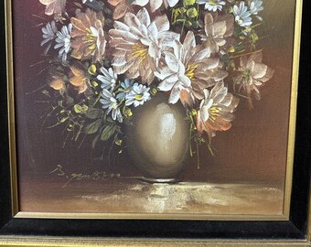 ヴィンテージ額入り油絵、花瓶の中の花の静物画、アーティストのサイン