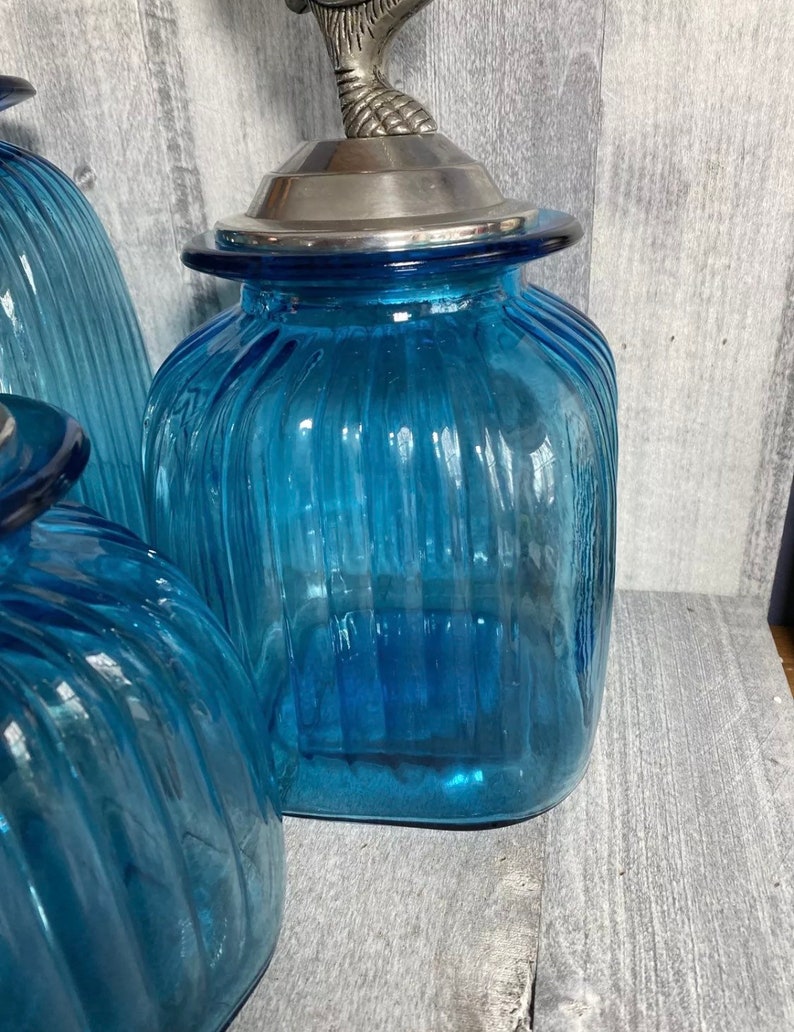 Blue Glass Ribbed Canister Set Pewter Rooster Lids Etsy