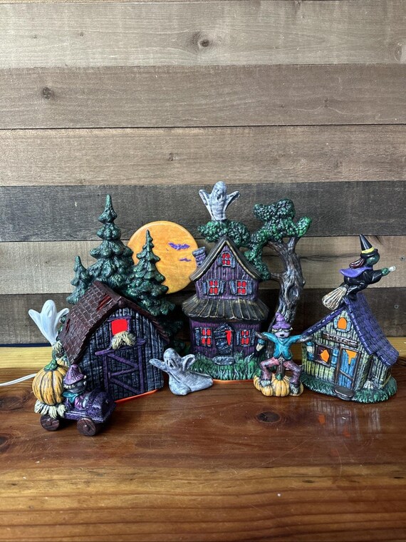ゆきんこシーグラスアート　ハロウィン　7点セット Vintage Glenview Ceramic Handpainted Halloween Village 7pc - Etsy
